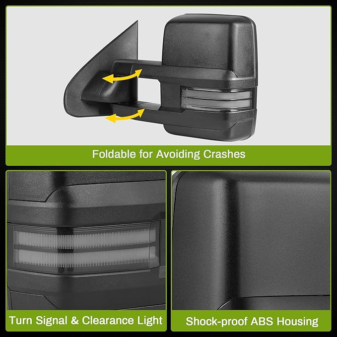 AUTOSAVER88 Towing Mirror Compatible with 2014-2018 Silverado Sierra 1500, 2015-2019 Silverado Sierra 2500 HD 3500 HD, Power Heated Switchback LED Turn Signal (Chrome inside) Manual Telescoping Black