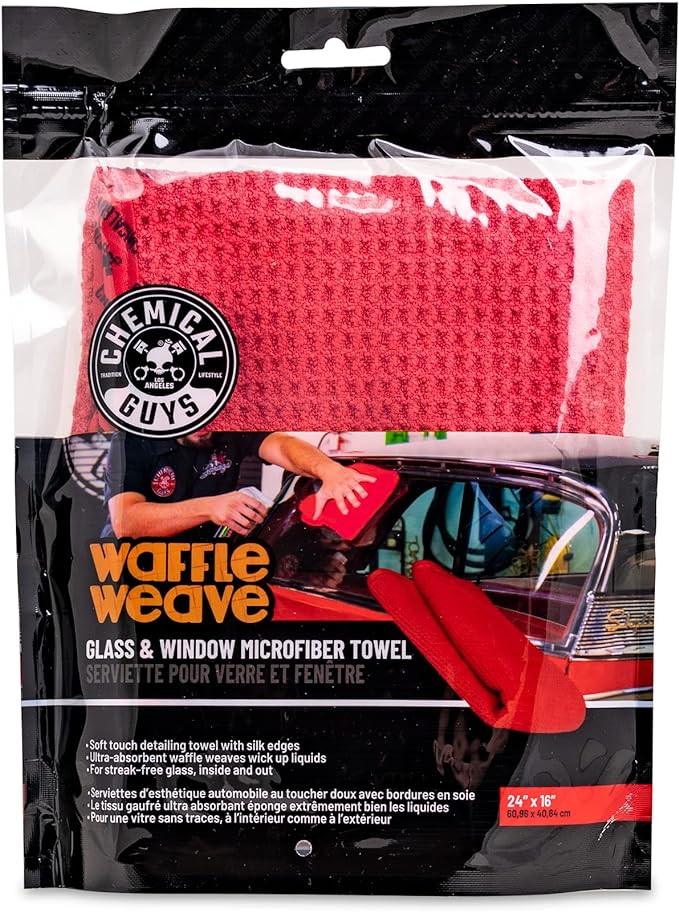 Chemical Guys Waffle Weave Glass & Window Microfiber Towel - Red 24x16 Inch Scratch-Free Detailing Cloth for Cars, Trucks, SUVs & Home, Streak-Free Cleaning for Glass, Mirrors & Windows