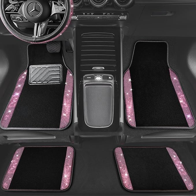 CAR PASS Bling Diamond Leather Steering Wheel Cover 14.5in-15in Floor Mats Shining Rhinestone Carpet Sparkly Glitter Crystal Anti-Slip Pad Fit Automotive SUV Pickup Truck Girl Women, 5pcs Black Pink
