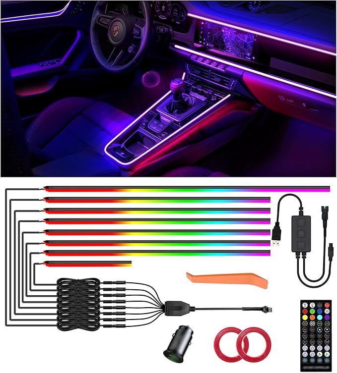 KENANEK 234’’ Acrylic Car Ambient Lighting Kit – 8 RGB LED Light Strips, APP/Remote/Control Box, Music Sync, Dual USB Cigarette Lighter, Universal Fit for Car/SUV/Truck