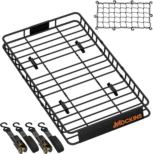 Mockins 50"x36"x4.5" Extendable Roof Rack Cargo Carrier for Top of Vehicle | 250 Lbs. Cap Weatherproof Steel Car Rooftop Cargo Carrier Basket | Heavy Duty Roof Rack Basket Set w/Straps & Bungee Net