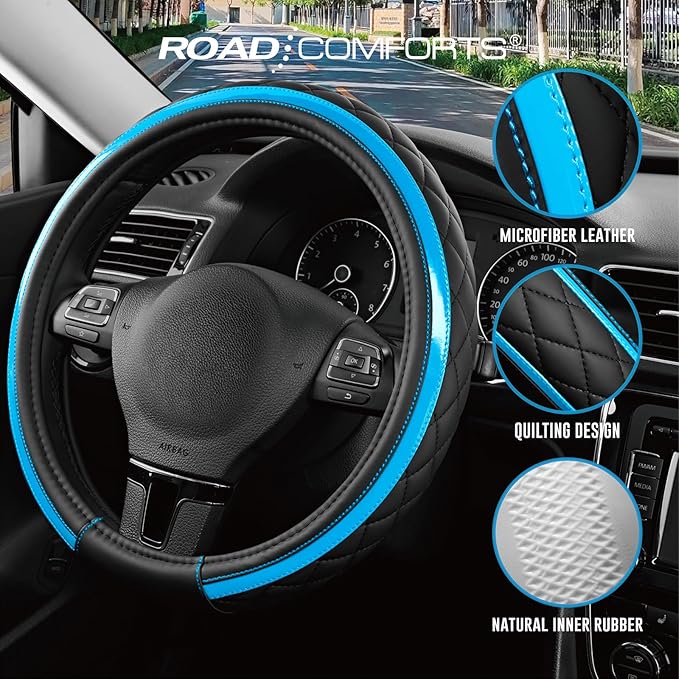 Road Comforts Leather Steering Wheel Cover – Black & Blue, Universal Fit 14.5-15 Inch, Microfiber Leather, Anti-Slip & Breathable Design for Men and Women