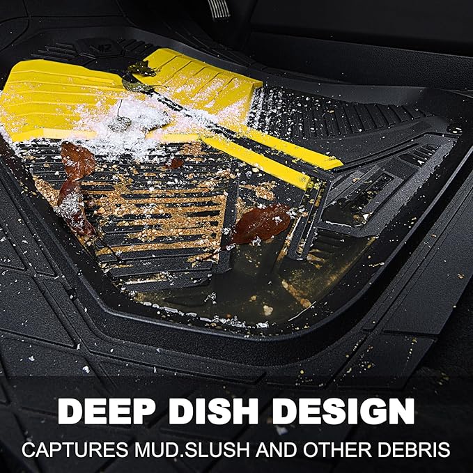 CAR PASS Heavy Duty Rubber Car Mats, Deep Dish Car Floor Mats All Weather, Car Mats Full Set 4-Piece Trim to Fit for Sedans SUVs Trucks, Waterproof Anti-Slip Automotive Mats, V12 Black and Yellow