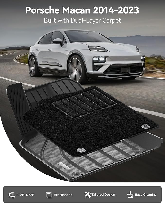 3W Floor Mats & Carpet fit for Porsche Macan(2014-2024 2025), 1st & 2nd Row TPE All-Weather Custom Fit Car Liner, Black