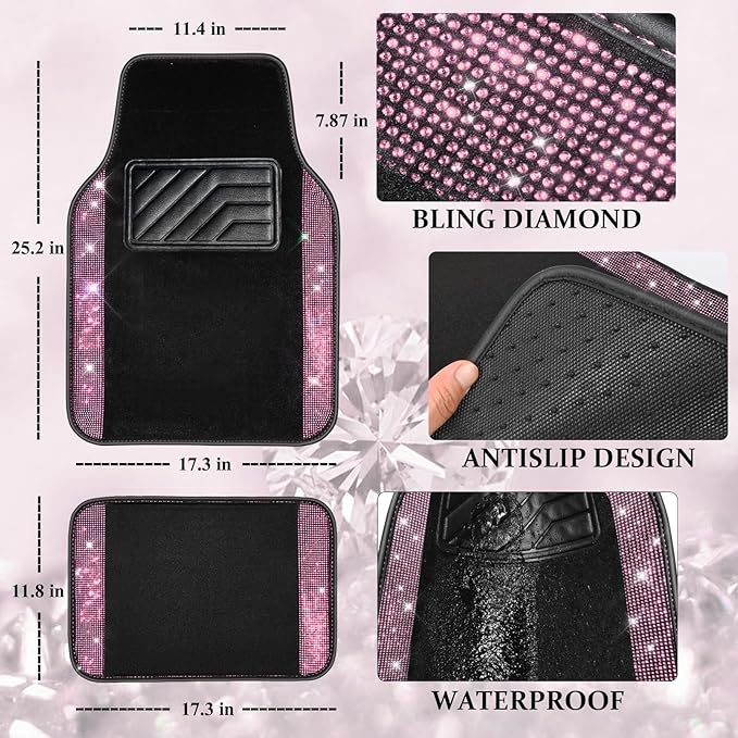 CAR PASS Bling Diamond Leather Steering Wheel Cover 14.5in-15in Floor Mats Shining Rhinestone Carpet Sparkly Glitter Crystal Anti-Slip Pad Fit Automotive SUV Pickup Truck Girl Women, 5pcs Black Pink