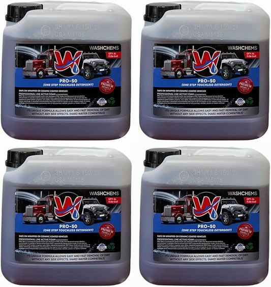 Wash Chems Pro 50 Touchless Car Wash Detergent Soap Concentrate No Brushing, Commercial Grade Professional Auto Foam Cleaner Also Great for Trucks & Tractors (4, 1 gallon)