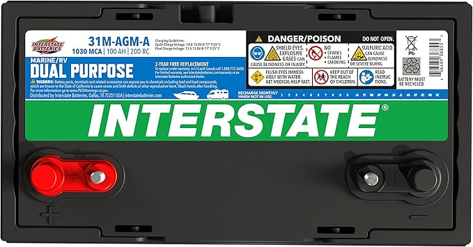Interstate Batteries Marine/RV Battery 12V 100Ah 825CCA Dual Purpose Power Pure Lead AGM RV & Marine Starting Replacement Battery (Group Size 31M) Boats, RV's (8-31MAGMDC / 31M-AGM-A)