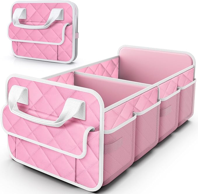 HOTOR Trunk Organizer for SUV – Foldable & Portable Car Organizers and Storage with 2 Compartments, Large Capacity Car Trunk Organizer Car Accessories for Truck Sedan, Pink, 21.7" x 12.8" x 11.0"