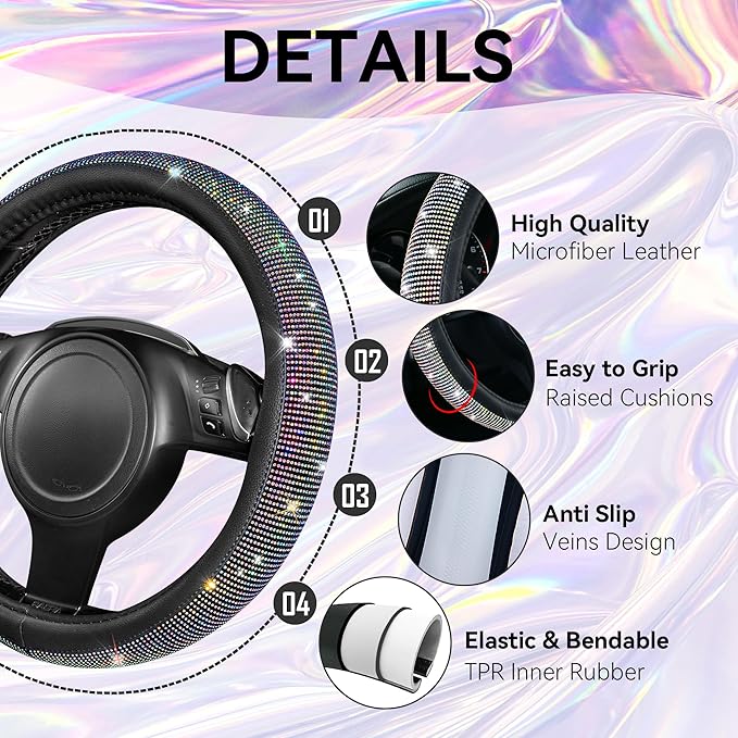 CAR PASS Bling Diamond Leather Steering Wheel Cover 14.5in-15in Floor Mats Shining Rhinestone Carpet Sparkly Glitter Crystal Anti-Slip Pad Fit Automotive SUV Pickup Truck Girl Women, 5pcs Multicolor