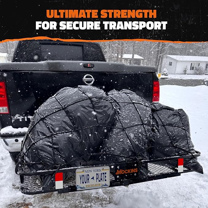 Mockins 60"x24"x6" XL Heavy Duty Trailer Hitch Cargo Carrier | 500 Lbs. Cap Luggage Rack for SUV Car Truck | Steel Hitch Rack Cargo Carrier Set w/License Plate Bracket, Straps, Stabilizer, Lock & Net