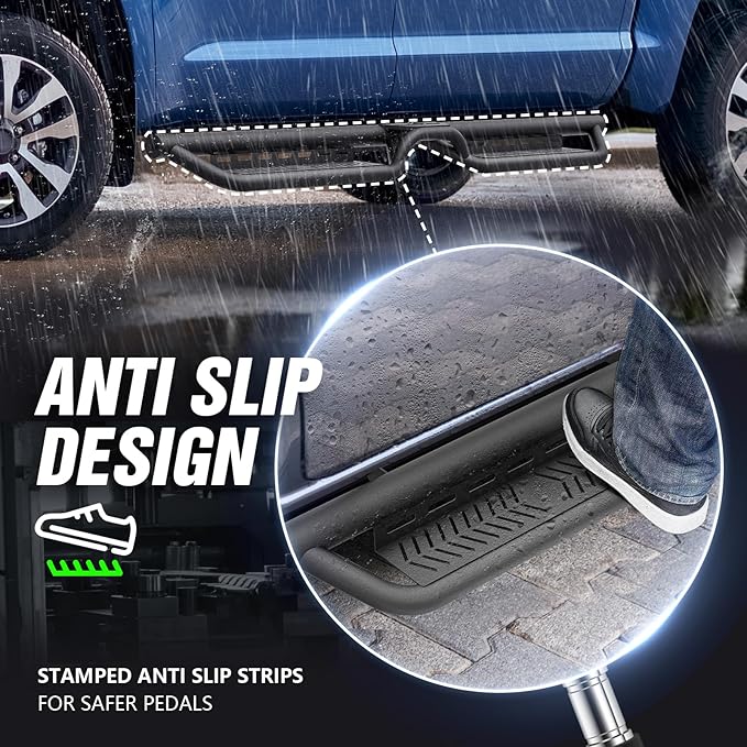 CrewMax Cab Running Boards Side Steps Compatible with 2007-2021 Toyota Tundra Crew Max Cab, Two Stair Drop Design Style Black Truck Side Rails Nerf Bars (Black Powder Coated, Star Logo)