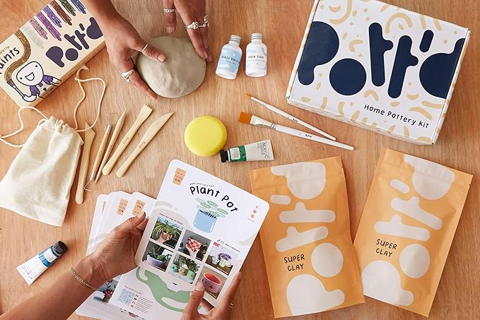 Pott'd Air Dry Clay for Adults - Beginner's Home Pottery Kit. Includes: Air-Dry Clay, Tools, Paints, Brushes, Sealant, How-to-Guides