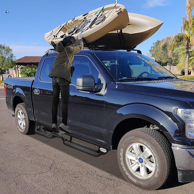 BINARY STAR Running Boards Compatible with Vehicle 2009-2018 Dodge Ram 1500 Crew Cab, 2010-2026 Ram 2500 3500 Crew Cab (Incl. Classic Model). Two-Stair Nerf Bars, Carbon Steel Side Step Bars.