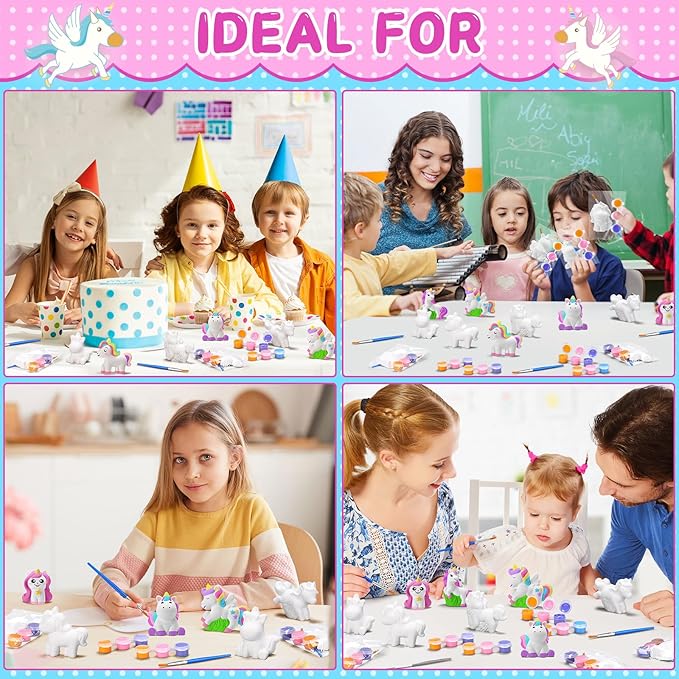 Simgoing 20 Set Dinosaur Unicorn Mermaid Donut Jungle Animal DIY Painting Kit Pumpkin Snowman Ceramic Paint Your Own Figurines Unpainted Plaster Craft for Party Favor(Unicorn)