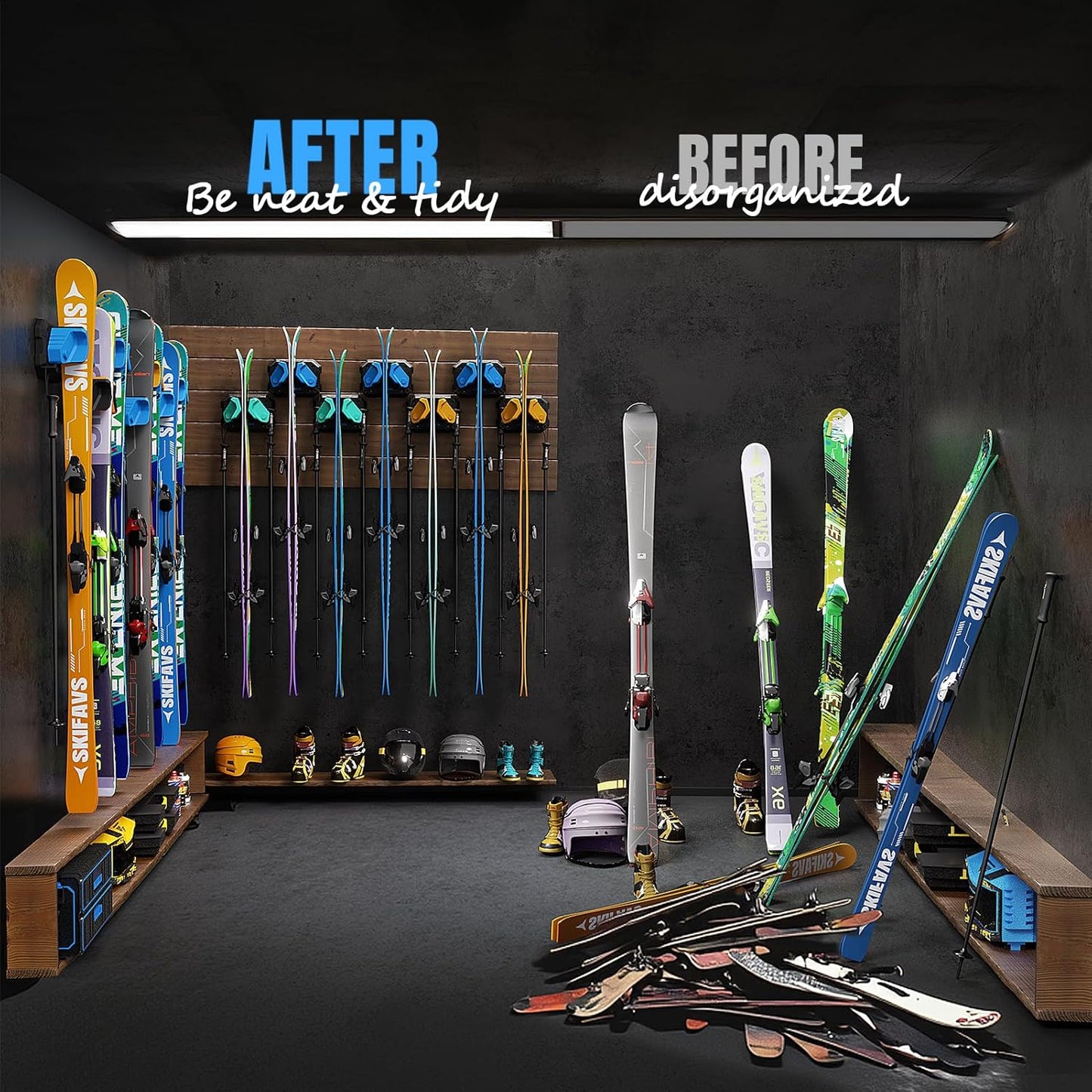 Ski & Snowboard Wall Rack for Garage Wall Fits Any Ski/board, Ski Wall Mount Holders Damage-Free Storage Rack, Garage Organization Space-Saving Winter Gear Organizer, Blue, 1 Pack