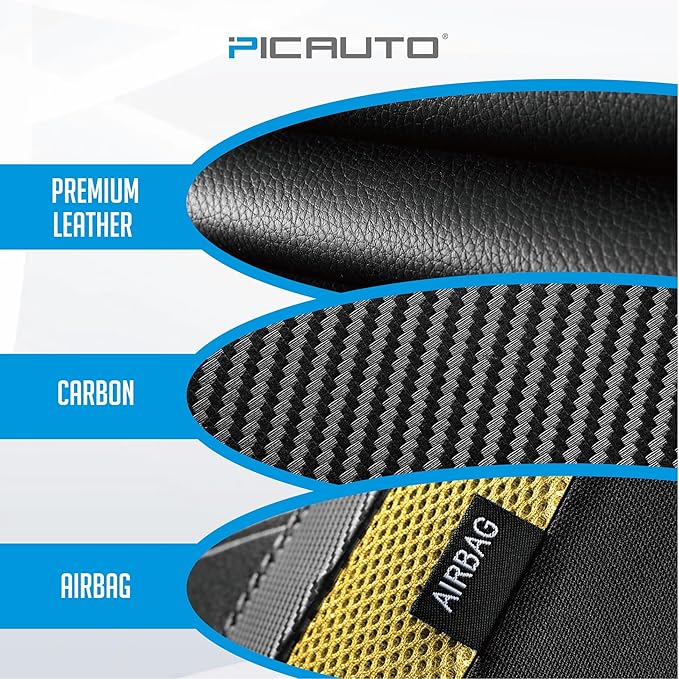 PIC AUTO Leather Car Seat Covers, Sports Carbon Fiber & Mesh Design, High-Back Front & Rear Full Set, Waterproof Automotive Seat Covers, Airbag Compatible, Universal Fit for Most Cars (Black & Yellow)