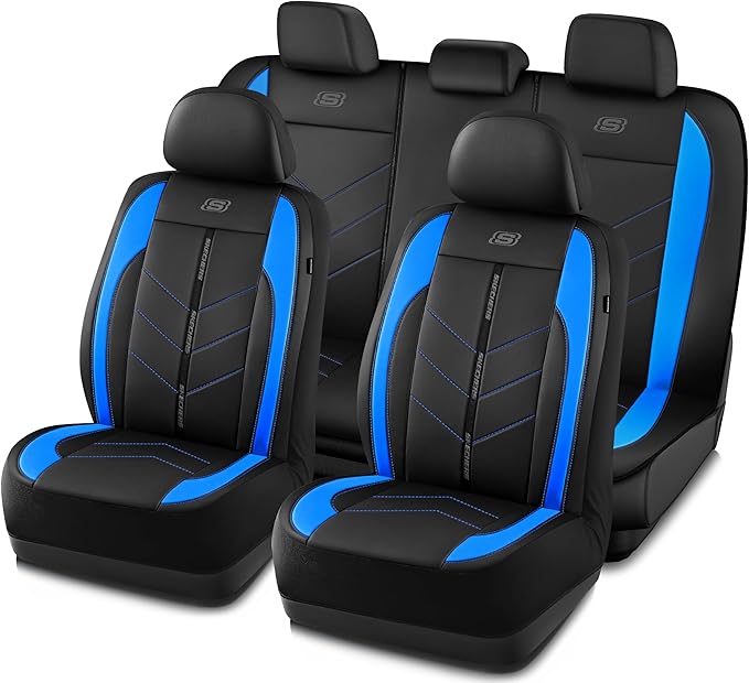 Skechers Car Seat Covers,Luxury Faux Leather Seat Covers,Waterproof Anti Slip Car Seat ProtectorFull Set,Car Accessories Airbag Universal Fit for Most Cars,Vans,Trucks,SUV,Blue