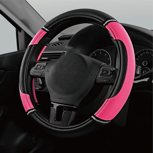 Road Comforts Leather Steering Wheel Cover - Made with PVC Leather - Anti-Slip, Universal Fit 14 1/2 inches to 15 inches - Hot Pink