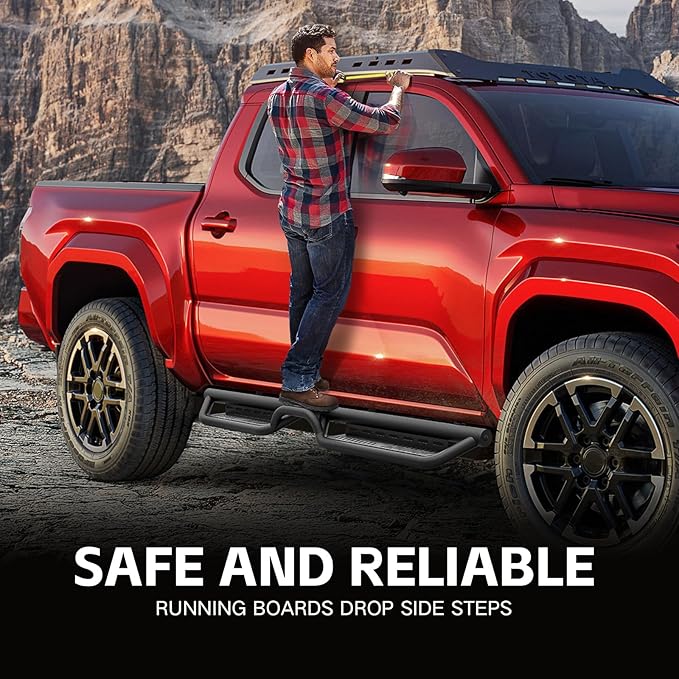 Running Board Side Steps Compatible for 2024 2025 Toyota Tacoma Double Cab & Crew Cab (4 Full-Size Doors), Heavy-Duty Carbon Steel Two Stair Design Nerf Bar Side Rails Rock Sliders, Star Logo