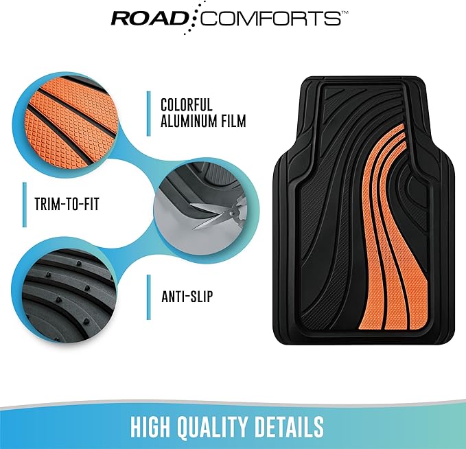 Road Comforts Car Floor Mats Full Set – Front & Rear Car Floor Mats with Aluminum Design, Anti-Slip Backing, All-Weather Protection, Trim-to-Fit Car Mats for Most Sedans, SUVs & Vans - Orange