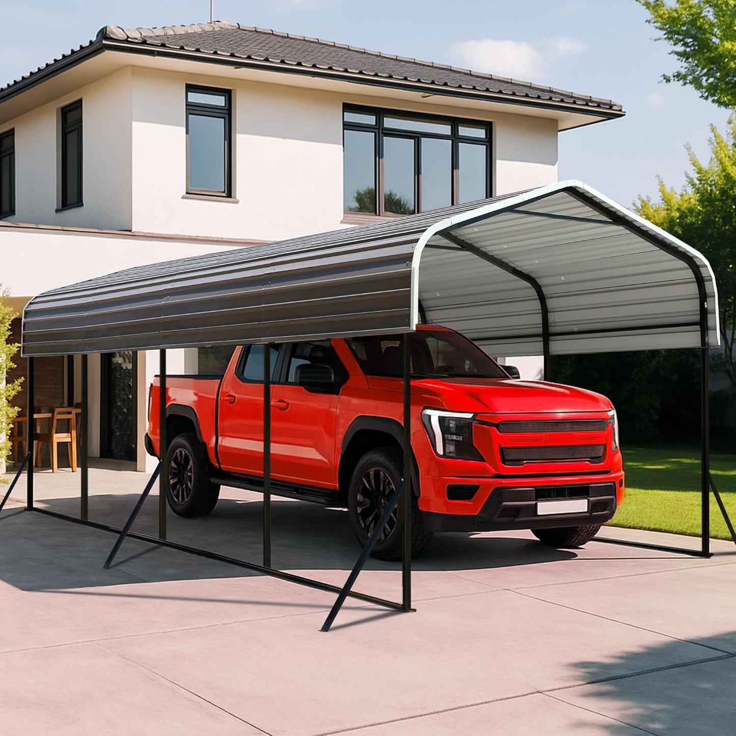 12x20 Metal Carport with Base Fixings Heavy Duty Garage Outdoor Chrome Plated Frame and Sheet Metal Construction Suitable for Boats, Cars, Tractors and Agricultural Equipment, Light Gray