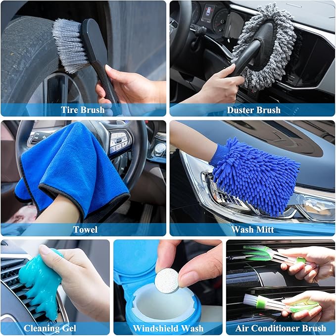 AUTODECO 32Pcs Car Detailing Brush Set, Car Detailing Kit, Auto Detailing Drill Brush Set, Car Detailing Brushes, Car Wash Cleaning Tools Kit with Wash Mop for Interior, Exterior, Wheels, Blue