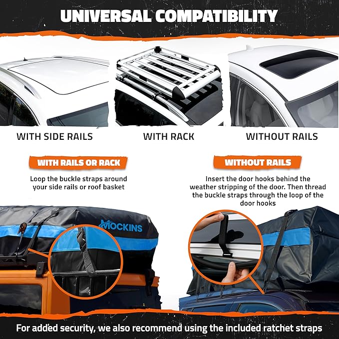 Mockins 35 CuFt XL Car Rooftop Cargo Carrier Bag | 80"x40"x19" Car Top Carrier Without Roof Rack | All Weather Soft-Shell Vinyl Waterproof Cargo Bag for Top of Car Storage w/Roof Bag Accessories
