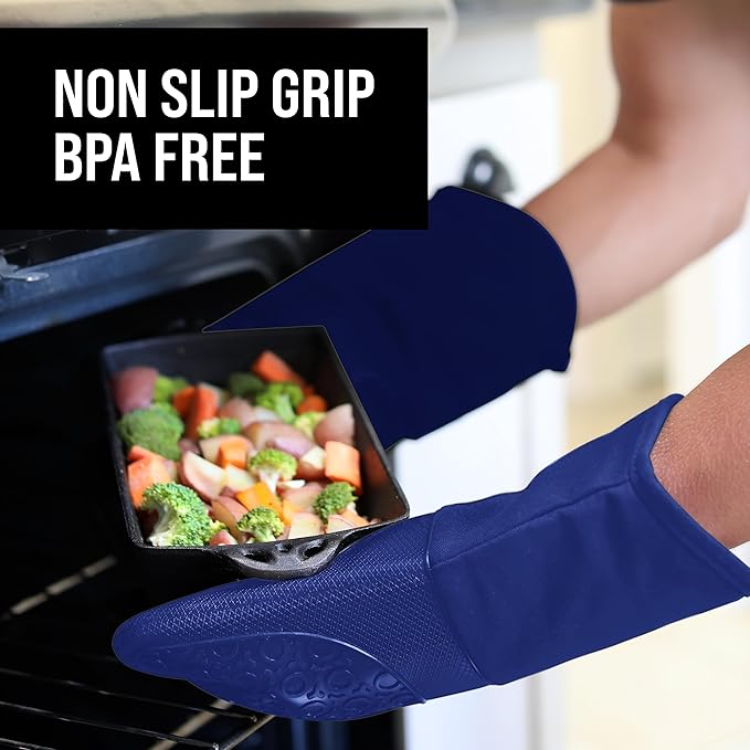 BPA-Free Soft Silicone Oven Mitts - Ultra Heat Resistant Oven Mitts with Thick Cotton Liner - Long Slip Resistant Pot Holders, Flexible Oven Gloves - Royal Blue 13.7"
