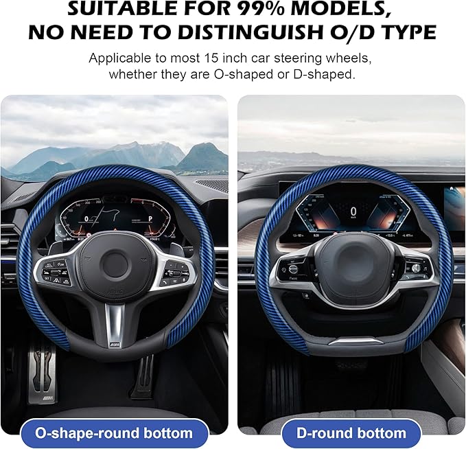 frani Leather Steering Wheel Cover, Universal 15 Inch Premium Non-Slip Steering Wheel Cover Blue Carbon Fiber Texture