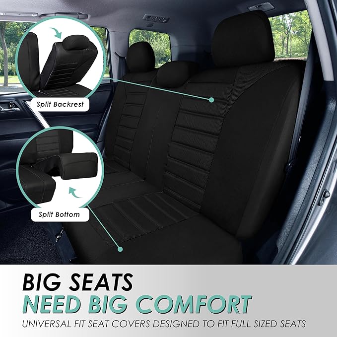 FH Group Automotive Car Seat Covers Full Set Premium 3D Air Mesh Front Seat Covers, Airbag Compatible & Split Bench Cover Universal Fit Interior Accessories for Cars Trucks and SUVs - Black