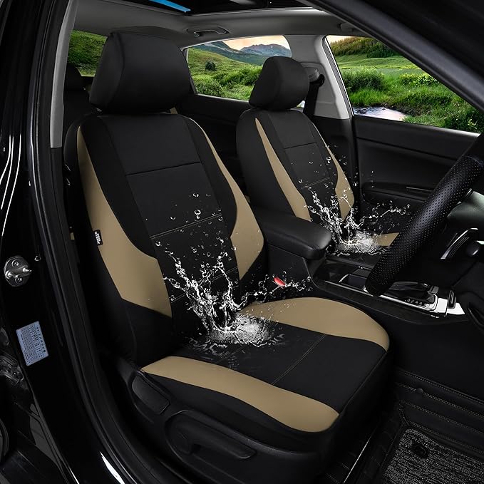 GIANT PANDA Neoprene Full Set Car Seat Covers, Leak-Proof & Waterproof Front&Rear/Back Car Seat Protector Fit 95% Cars Sedans SUV（Beige+Black）