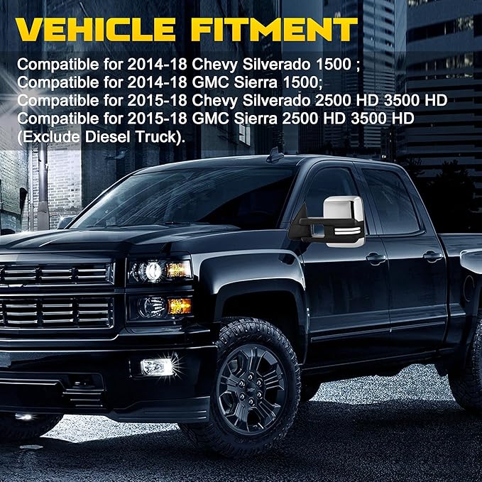 Chrome Towing Mirrors Compatible for 2014-2018 Chevy Silverado GMC Sierra 1500/2015-2018 Silverado Sierra 2500HD 3500HD Pickup w/Sequential Turn Signal White DRL Side View Mirror