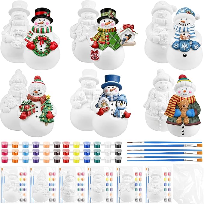 GuiZha 6 Sets Winter Christmas Ceramic to Paint DIY Snowman Plaster Paint Kit Unpainted Snowman Figurines Ready to Paint Ceramic Ornaments Christmas Crafts for Adults