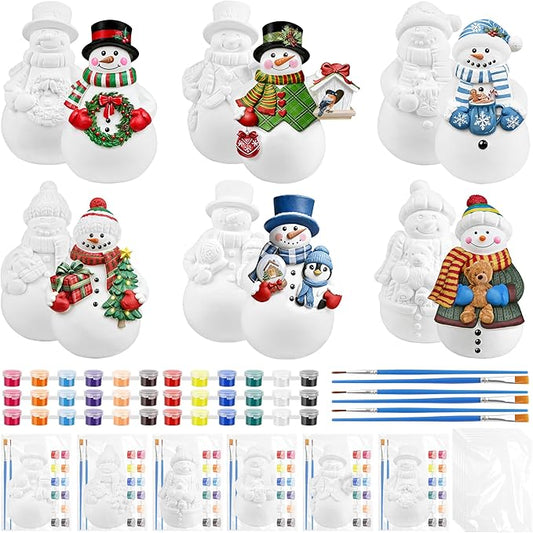 GuiZha 6 Sets Winter Christmas Ceramic to Paint DIY Snowman Plaster Paint Kit Unpainted Snowman Figurines Ready to Paint Ceramic Ornaments Christmas Crafts for Adults