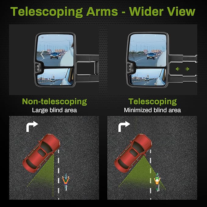 AUTOSAVER88 Towing Mirror Compatible with 2003-2006 Silverado Sierra 1500 2500HD 3500HD Tahoe Yukon, Power Heated Switchback LED Turn Signal Light (Chrome inside) Manual Telescoping Folding Black