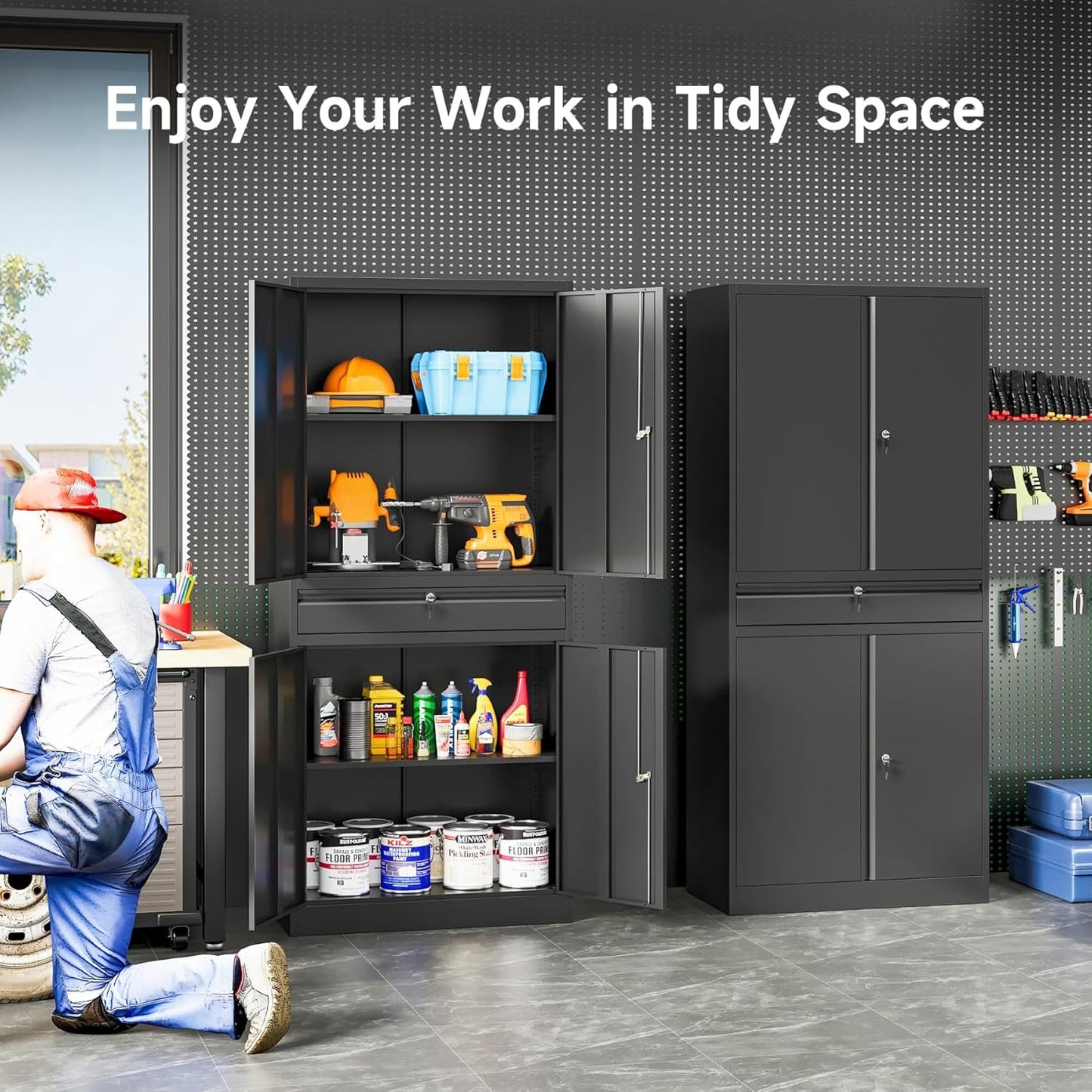 SISESOL Metal Garage Storage Cabinet with Drawer and Lock,Black Metal Storage Cabinet with Locking Doors and Adjustable Shelves,71" Tall Large Steel Tool Cabinets for Home,Office,Garage,Shop