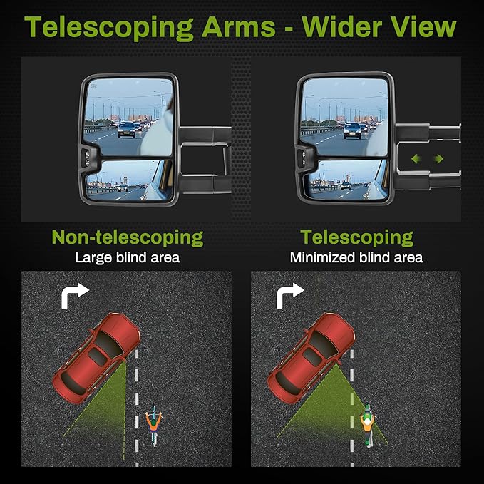 AUTOSAVER88 Towing Mirror Compatible with 2014-2018 Silverado Sierra 1500, 2015-2019 Silverado Sierra 2500 HD 3500 HD, Power Heated Switchback LED Turn Signal (Chrome inside) Manual Telescoping Black