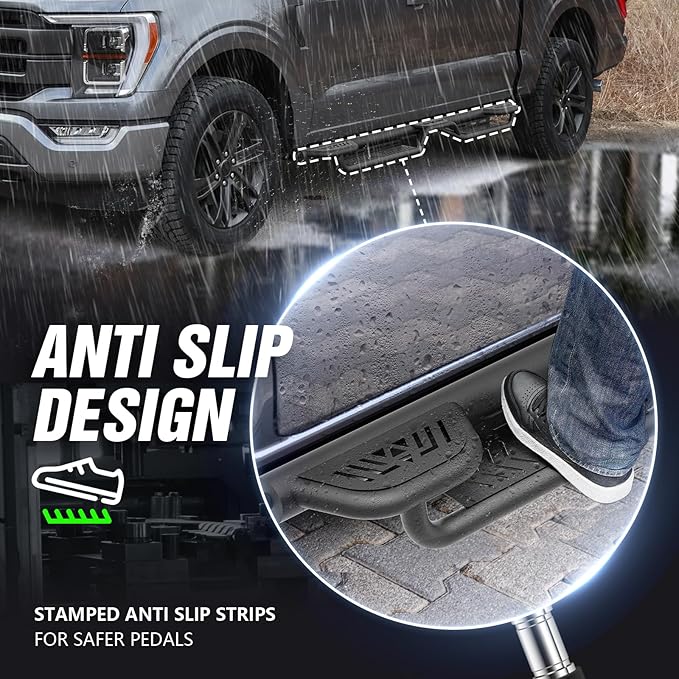 Three Raised Steps Running Boards Compatible with 2015-2025 Ford F150 & 2017-2025 Ford F250 F350 Super Duty Crew Cab Side Step Bolt-on Nerf Bar, Heavy-Duty Steel Side Bars