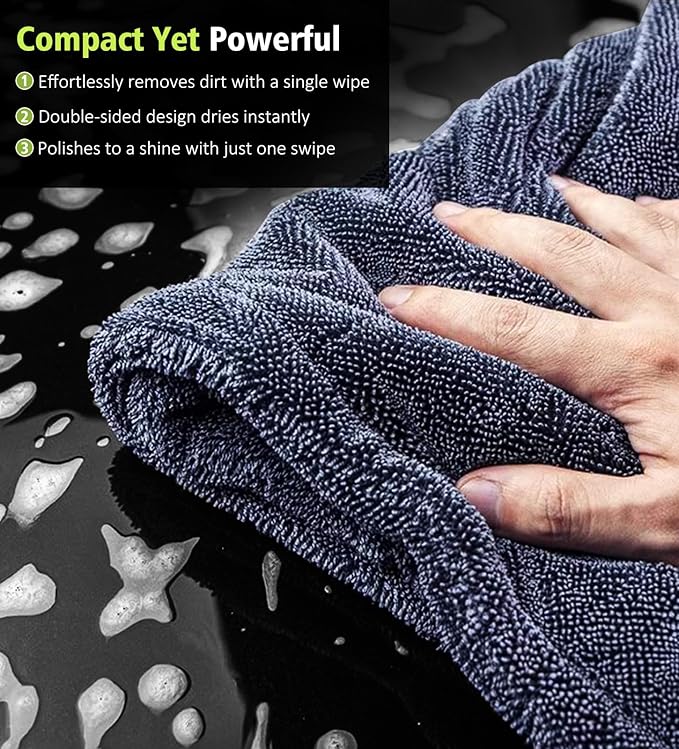 YeewayVeh 2-Pack Car Drying Towels, 16"x 16" Microfiber Drying Towel for Car Detailing, 1400 GSM High Absorbent Edgeless Streak Free Car Wash Drying Towels for Car Truck SUV, Green&Gray