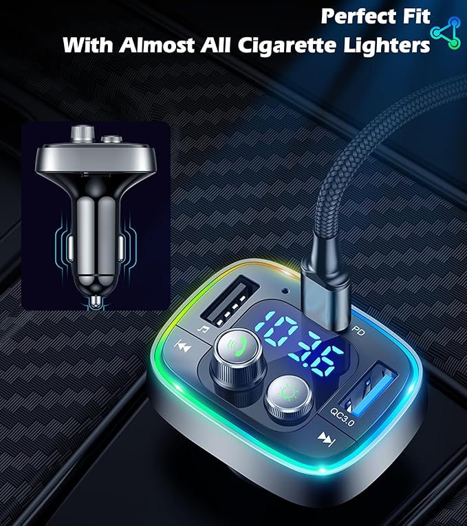 LIHAN USB C Bluetooth Car Adapter, AUX Wireless FM Radio Transmitter, Hands-Free Calling & Audio Receiver, MP3 Music Player, QC3.0 & Type-C PD Fast Charging,7 Colors LED Backlit, Support USB/TF Drive