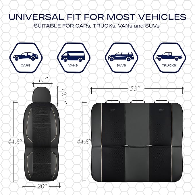 Skechers Air-Cooled Memory Foam Seat Cover, Mesh Thick Car Seat Covers,Piping Leather Car Seat Cover Full Sets,Airbag Compatible,Automotive Comfort Universal Fit Most Cars,Vans,Trucks,SUV,Beige