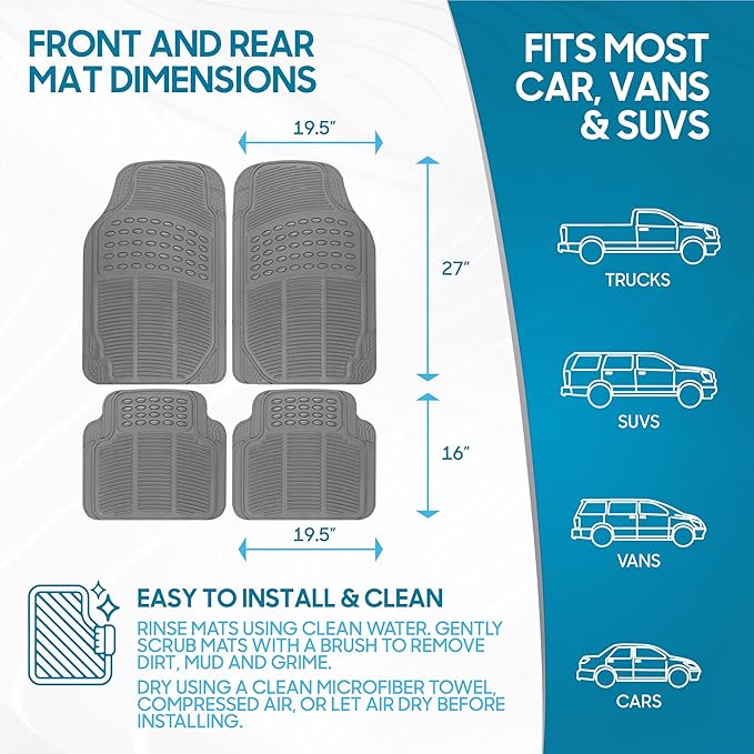 BDK All Weather Rubber Floor Mats for Car SUV & Truck - 4 Pieces Set (Front & Rear), Trimmable, Heavy Duty Protection (Grey), 1 Count (Pack of 1)