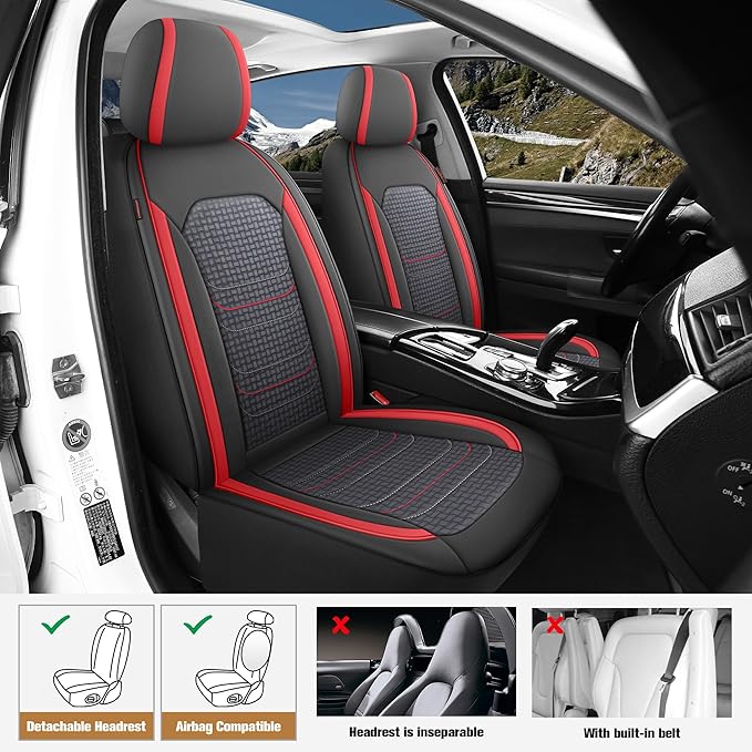 CAROMOP Premium PU Leather&Flannel Car Seat Covers 2 Front Set with Breathable Cloth,Universal Fit for Most Car Interior Covers-Sedan Truck SUV(Black/Red)