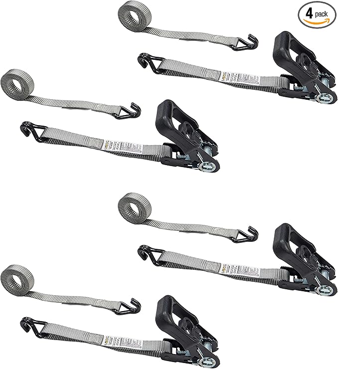 US Cargo Control 1 Inch Wide by 10 Foot Long Rubber Coated Ratchet Strap with Vinyl Coated Wire Hooks, 4 Pack
