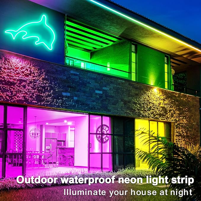 100FT RGB LED neon Rope Lights LED neon Lights with Remote/APP Control 24V IP65 Waterproof Flexible Neon LED Strip Lights for Bedroom Room Outdoors Decor（2 Rolls of 50ft）