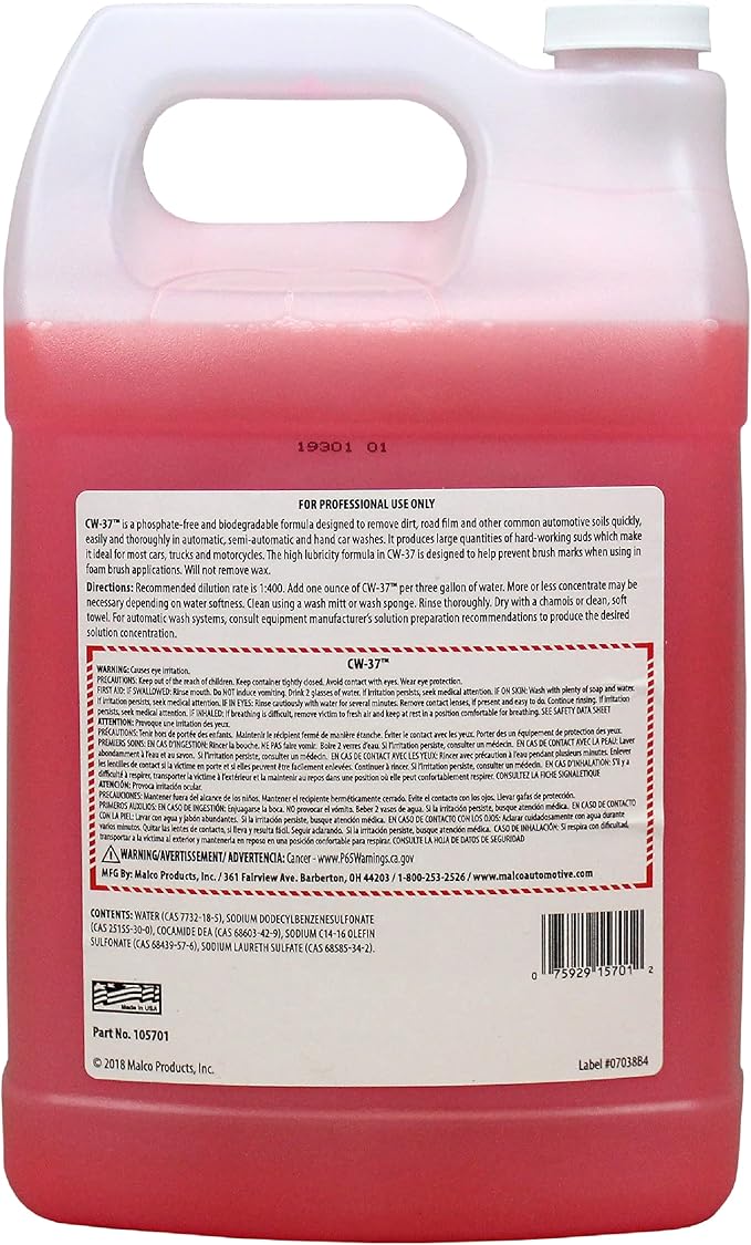 Malco CW-37 Premium Car Wash Concentrate - High Foaming Car & Truck Wash Soap/Removes Road Film, Salt, Dust & Dirt from Your Vehicle/1 Gallon (105701)