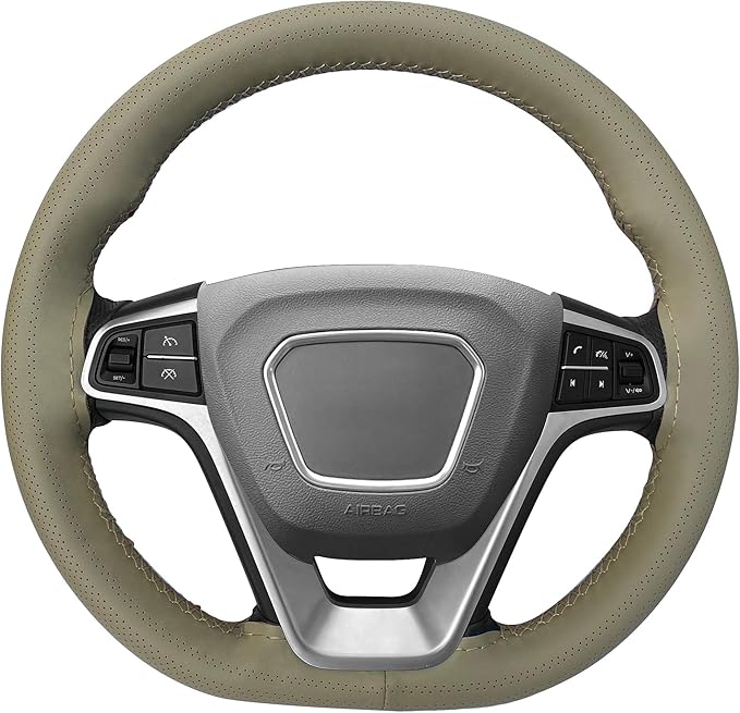 Carodi Leather Steering Wheel Cover, Breathable Non-Slip Design, Soft and Comfortable Feeling, Universal 15 Inch Auto Car Steering Wheel Stitch on Wrap（Size M,Beige）
