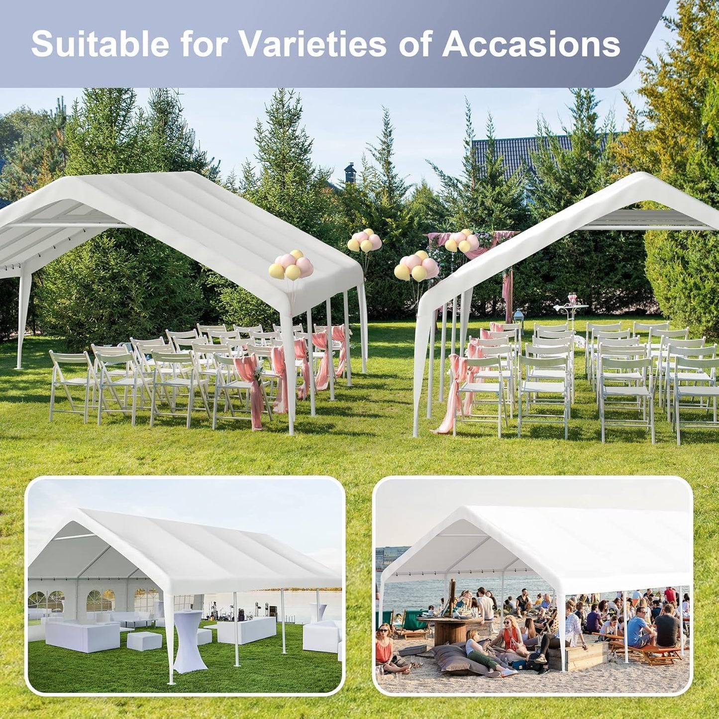 Morngardo 20'x26' Carports Clearance, Large Canopy Tent for Parties Heavy Duty Car Tent Metal Carport Portable Garage with Removable Sidewalls, White