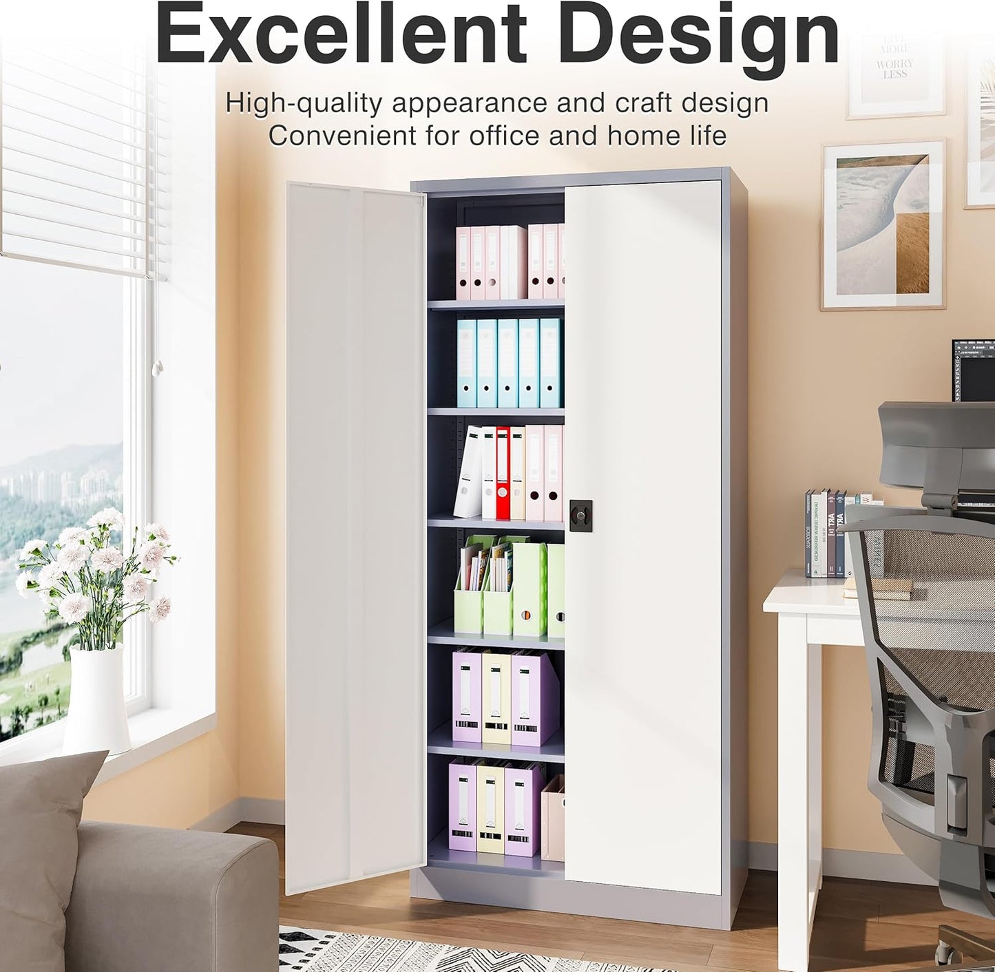 Wide & Deep Metal Storage Cabinet with 6 Shelves,72 inch Tall Garage Storage Cabinet with Lock,Gray White Metal Cabinets with Locking Doors,Large Steel Lockable Cabinets for Home,Office,Shop,Garage