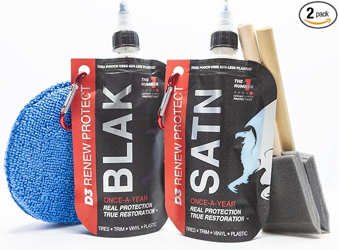RENEW PROTECT - BLAK & SATN, Acrylic Ceramic-Hybrid Protectant, Enduring Tire & Trim Restorer, Low- High-Shine, Floor Mats- Golf Cart- and Motorcycle-Safe, Wash-Proof, 5 min Dry-Seal 6.8oz, BLAK+SATN